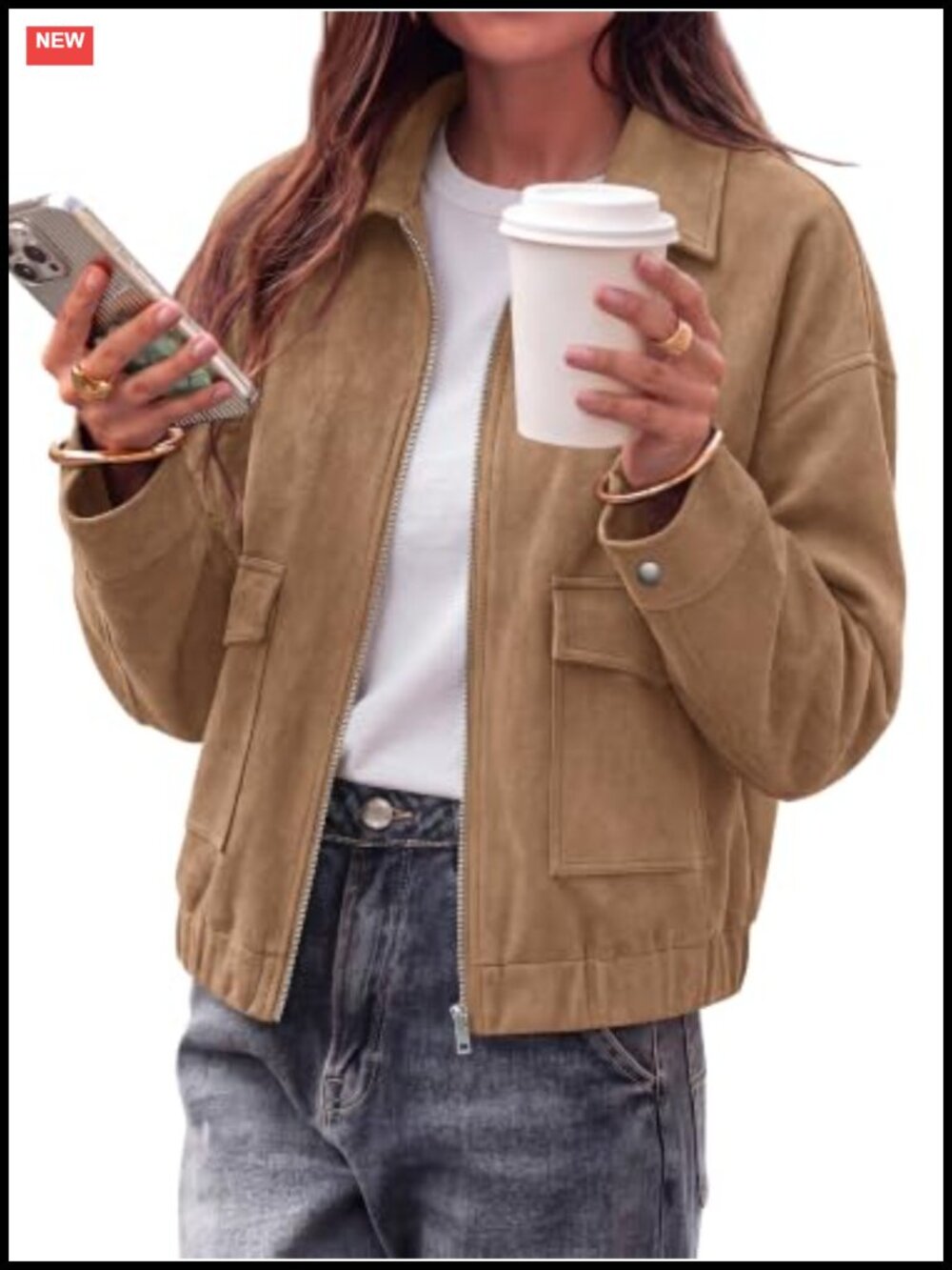 Faux Suede Cropped Bomber Jacket Zip Up Casual Coat